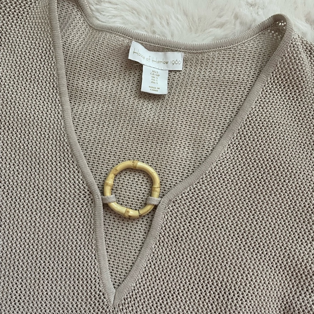 House of Harlow 1960 Taupe V-Neck Sweater with Bamboo Detail